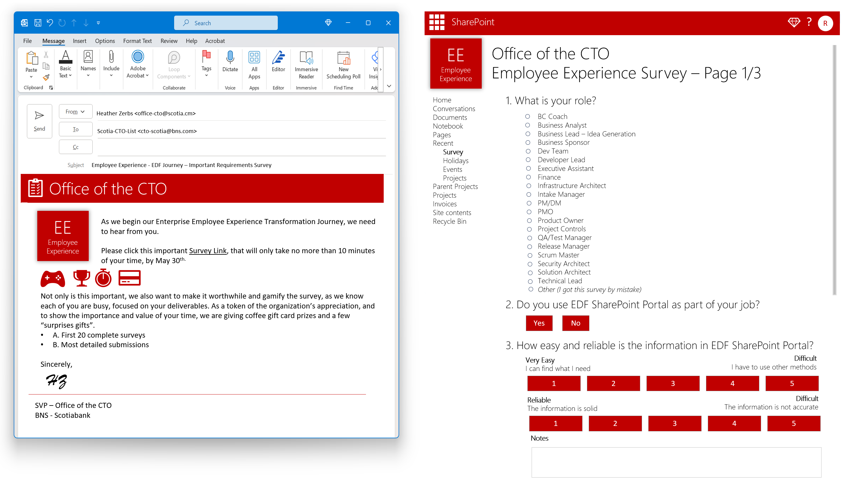The employee survey pairs an invitation from the Office of the CTO with questions about role, portal usage, ease of finding information and reliability.